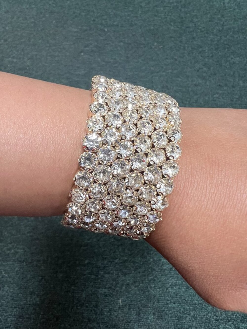 Gold Tone Clear Rhinestone Wide Open Cuff Bracelet Statement